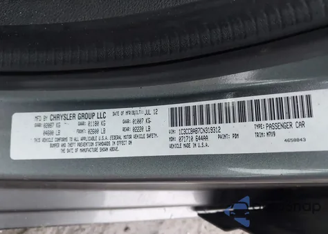 2012 Chrysler 200 Lx z USA, uszkodzony, nr VIN 1C3CCBAB7CN319312